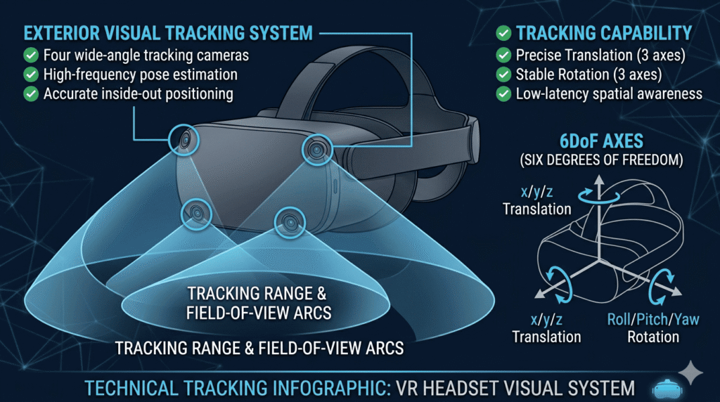 Diagram showing multiple tracking cameras on a VR headset exterior, with arrows indicating tracking range and 6DoF axis labels