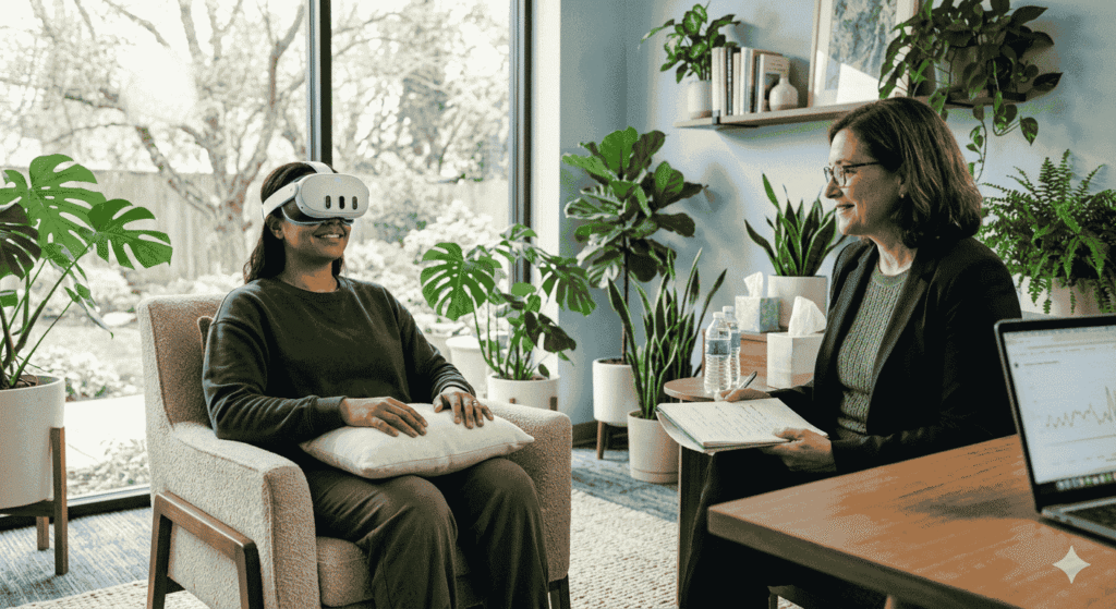 Patient using a VR headset during a therapy session for anxiety, therapist nearby taking notes, soft clinical lighting