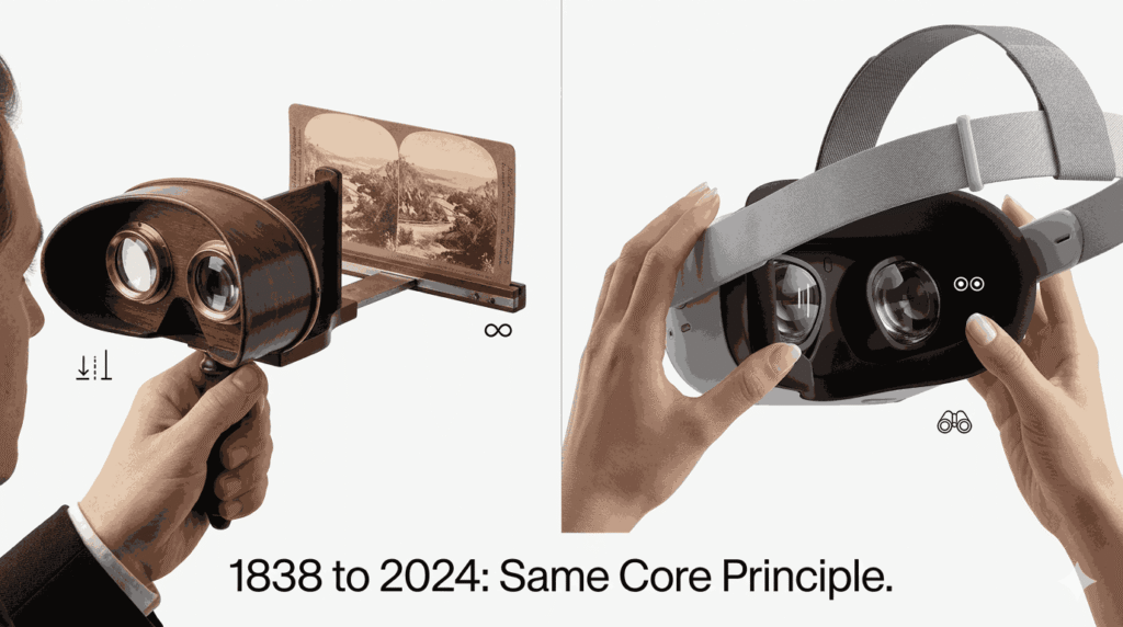 Historical 1800s stereoscope device alongside a modern VR headset showing the evolution of immersive visual technology