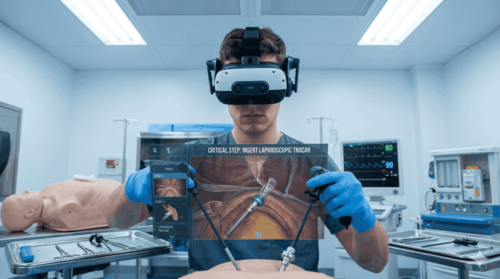 Virtual Reality experiences ,Medical resident wearing a VR headset performing virtual surgical training in a hospital simulation lab, wearing gloves, focused expression