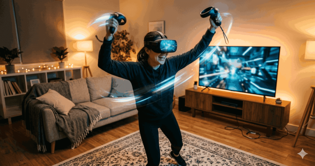 Person playing an intense VR game with raised hand controllers in a living room, VR game environment glowing in the background