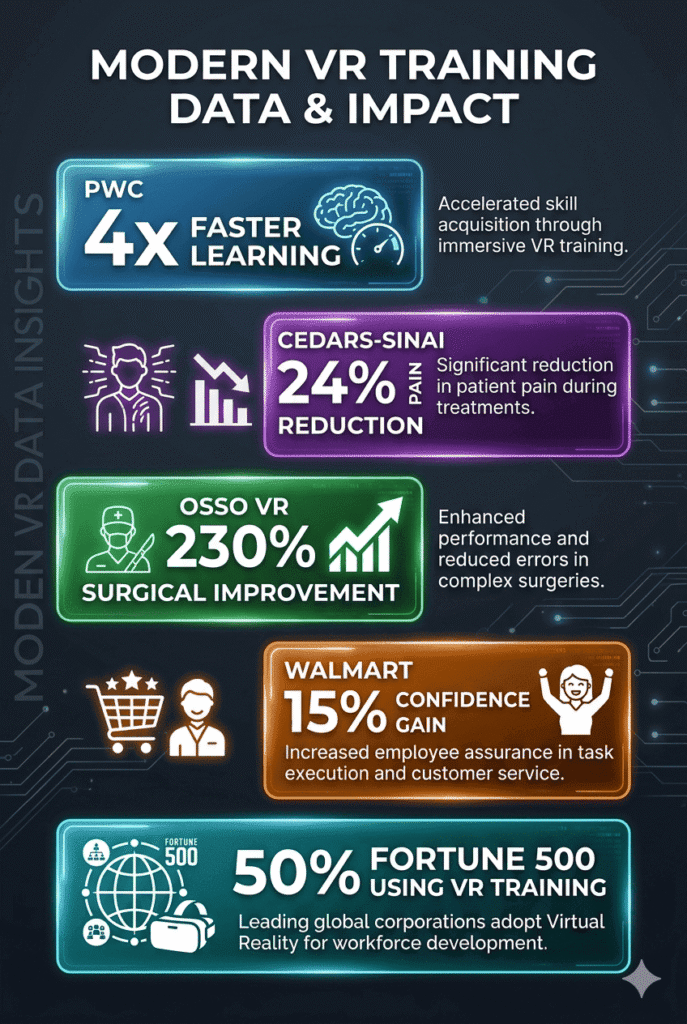 Infographic showing 5 key statistics on VR benefits across healthcare, corporate training, education, surgery, and market adoption