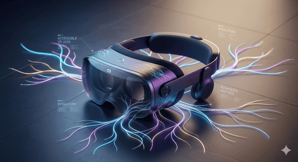 A sleek, lightweight next-generation VR headset on a minimalist surface with soft futuristic lighting, representing the evolution of accessible virtual reality hardware over the next decade