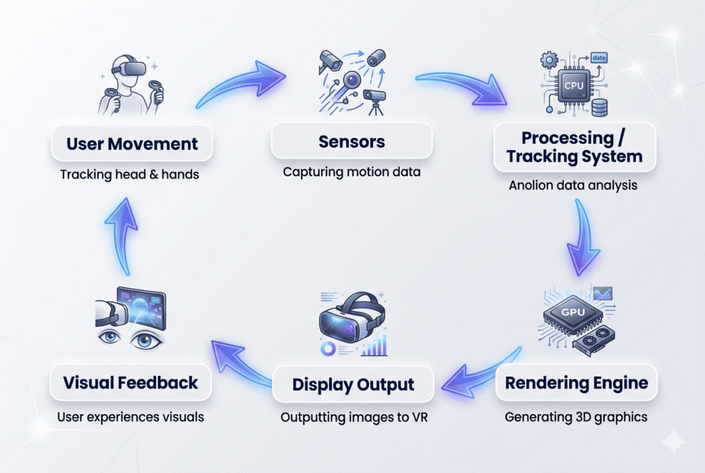 A circular flow diagram illustrating the six stages of the VR system loop: User Movement (tracking head and hands), Sensors (capturing motion data), Processing/Tracking System (data analysis), Rendering Engine (GPU generating 3D graphics), Display Output (images to VR headset), and Visual Feedback (user experience). The infographic features clean icons and blue directional arrows on a light background.
