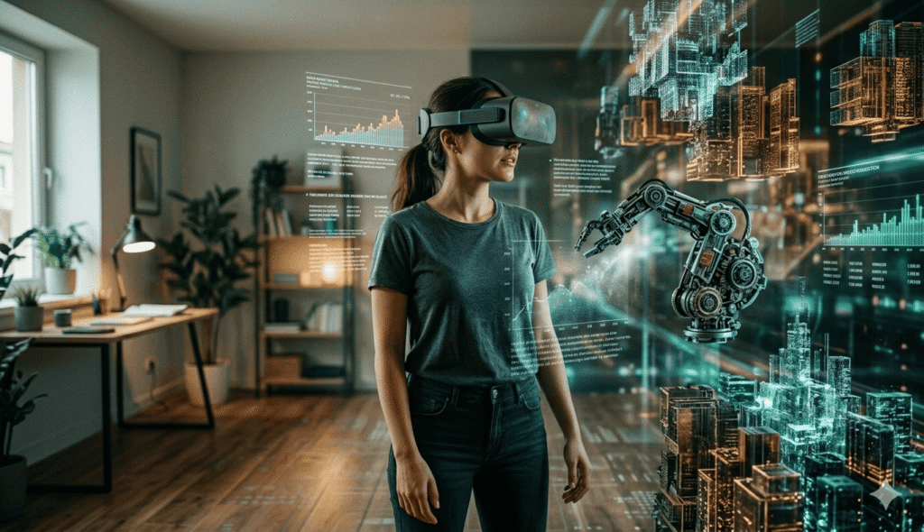 A cinematic, wide-angle image of a person wearing a VR headset in a room that seamlessly transitions from a realistic home office on the left to a futuristic digital environment on the right. The person is slightly turning their head, with subtle light trails suggesting real-time motion tracking and system responsiveness.