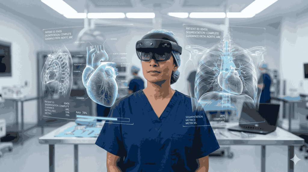 Healthcare professional using a spatial computing mixed reality headset for surgical training simulation in a hospital setting
