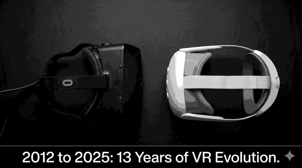 Comparison of Oculus Rift DK1 from 2012 and Meta Quest 3S from 2025 showing VR hardware evolution over 13 years