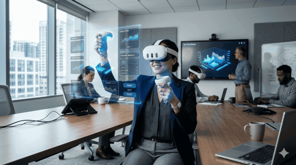 Employee wearing a VR headset in a modern corporate training room, performing a virtual simulation with hand controllers