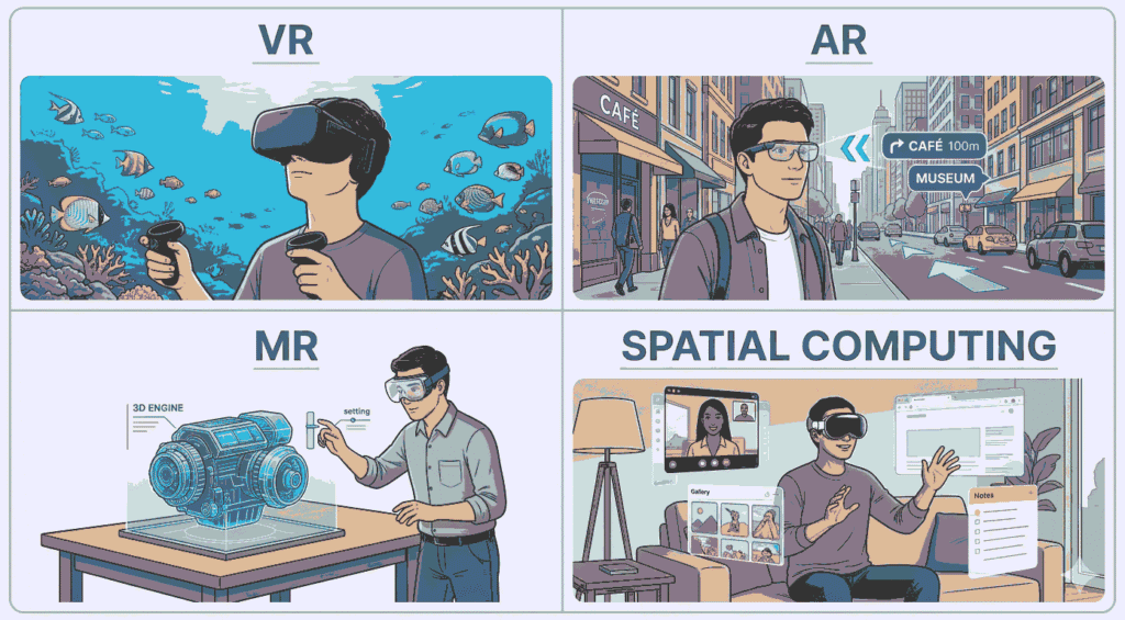 Visual comparison diagram showing the difference between VR, AR, mixed reality, and spatial computing with real-world examples