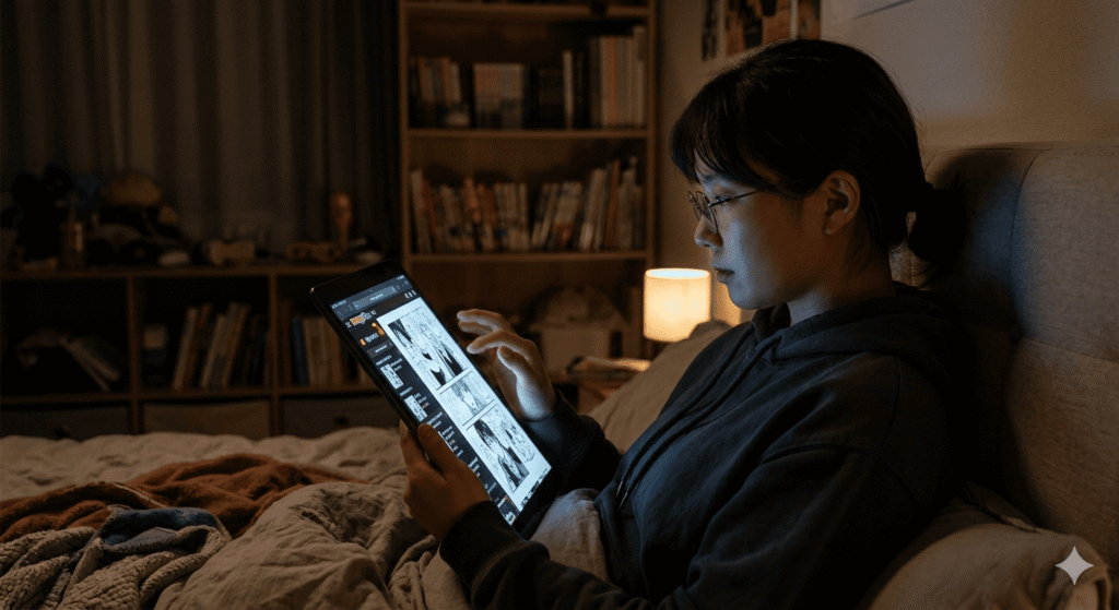 A person scrolling through a manga platform on a tablet in a dimly lit room, representing fast and frictionless digital content consumption