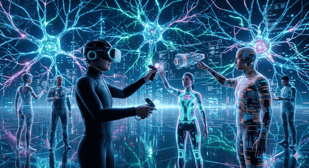 A futuristic digital environment where AI-generated characters interact dynamically with a user in a VR headset, with glowing neural network patterns in the background representing artificial intelligence powering virtual reality.