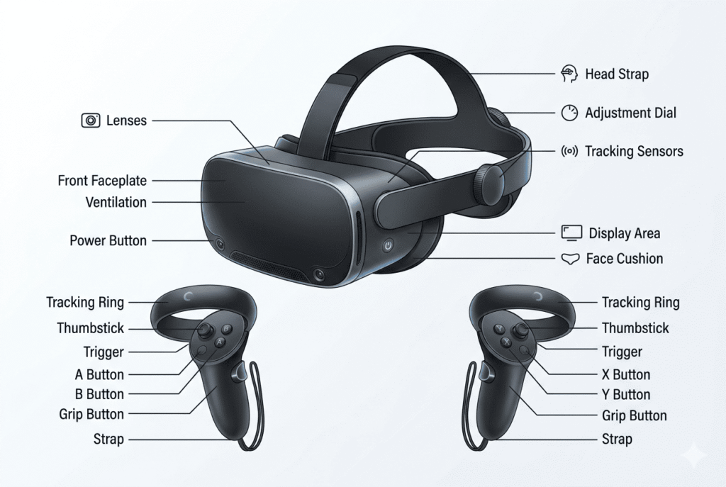 A person wearing a modern VR headset, interacting with glowing holographic interfaces and digital data charts. The scene features a futuristic aesthetic with neon blue and purple tones. The composition is off-center to the right, providing a clean, dark background on the left for text overlay.