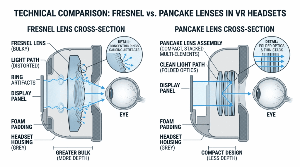 Cross-section diagram comparing Fresnel lens and pancake lens optics inside a VR headset, with labeled light paths and depth dimensions