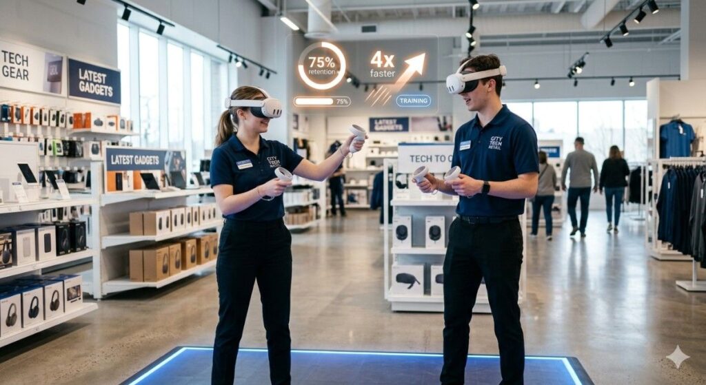 Retail employees practicing customer service scenarios in VR with overlay data showing 75 percent retention and 4x faster training speed compared to classroom methods