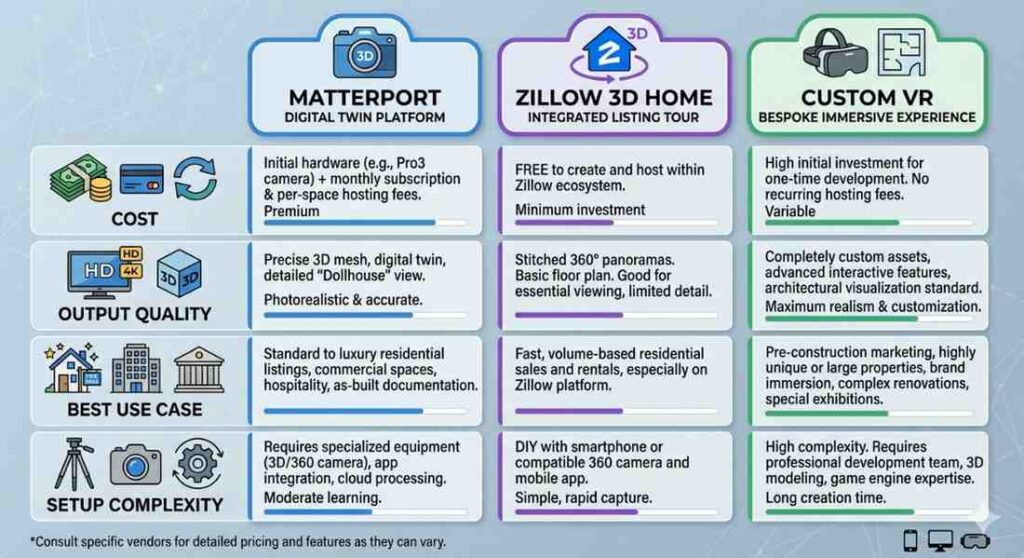 VR in real Estate, Three-column comparison infographic showing Matterport, Zillow 3D Home, and Custom VR property tour solutions across cost, quality, use case, and setup