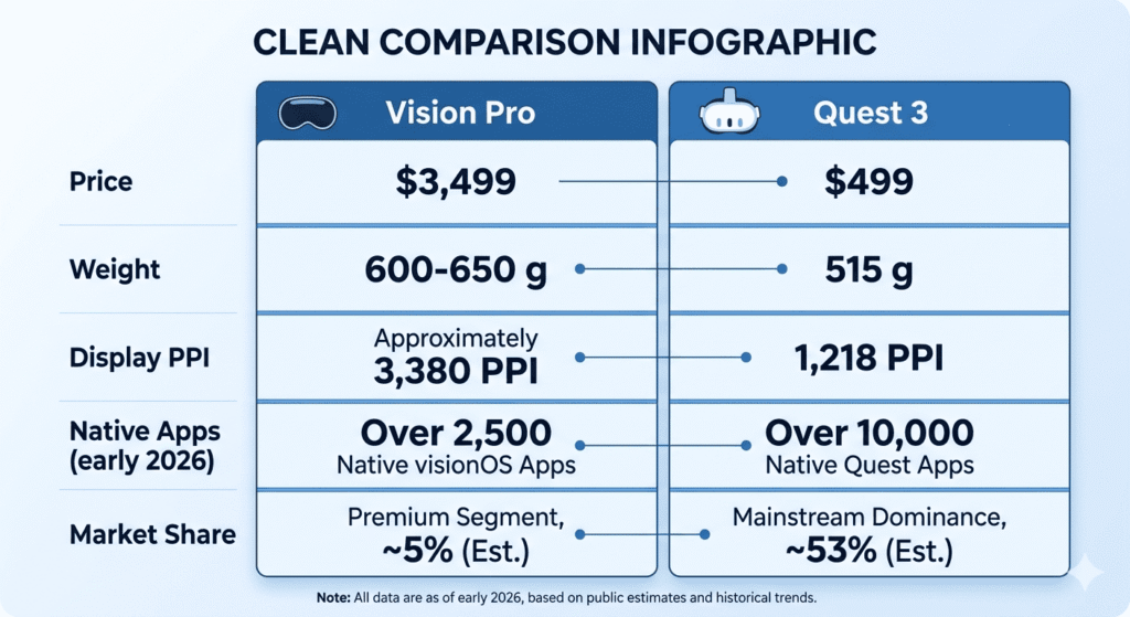 Apple Vision Pro vs Meta Quest 3 ,Comparison infographic showing Apple Vision Pro versus Meta Quest 3 across five key metrics: price, weight, display resolution, app count, and 2026 market share