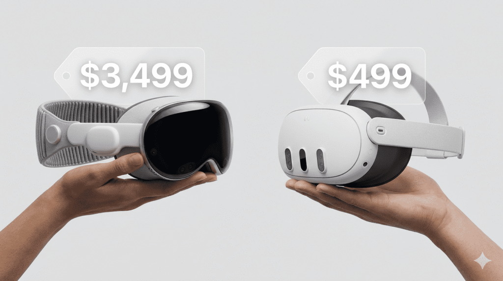 Hands holding the Apple Vision Pro and Meta Quest 3 with visible price tags showing the seven-times price difference between the two 2026 headsets