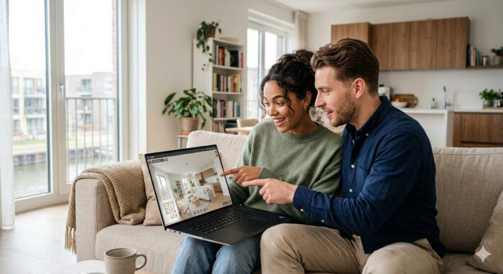 Young couple viewing a 3D virtual property tour on a laptop while shortlisting homes remotely, demonstrating how VR property tours support out-of-state buyers