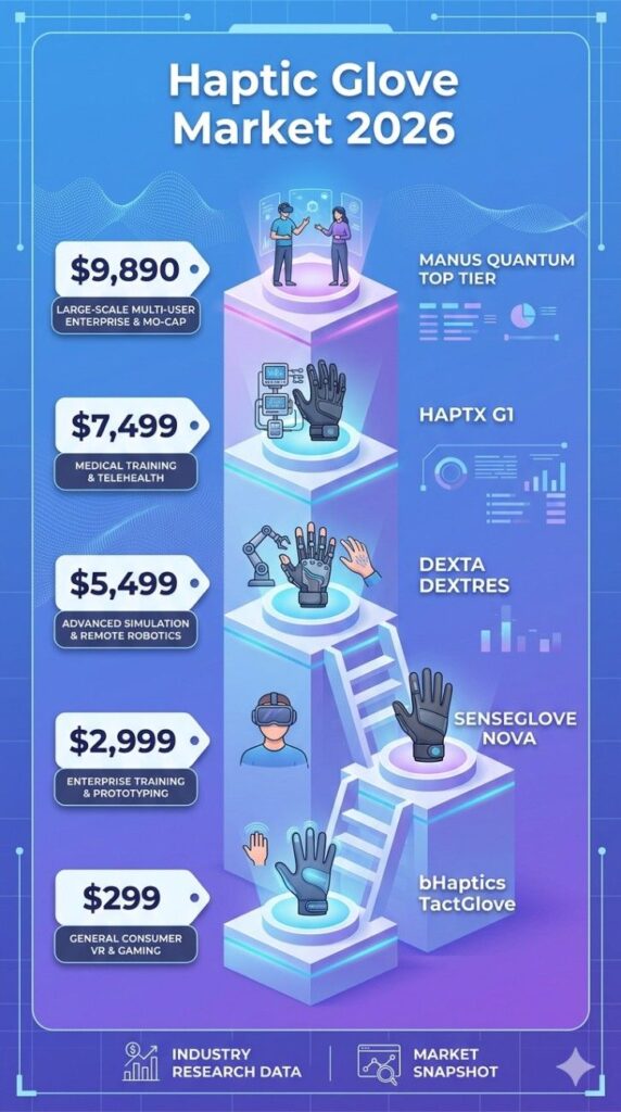 Vertical pricing comparison infographic of five haptic glove products in 2026 ranging from $299 to $9,890 with use case tags for each price tier
