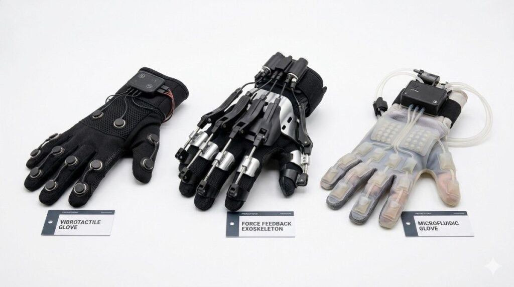 Three haptic glove in vr technologies compared side by side: vibrotactile, force feedback exoskeleton, and microfluidic gloves showing the range of VR touch technology