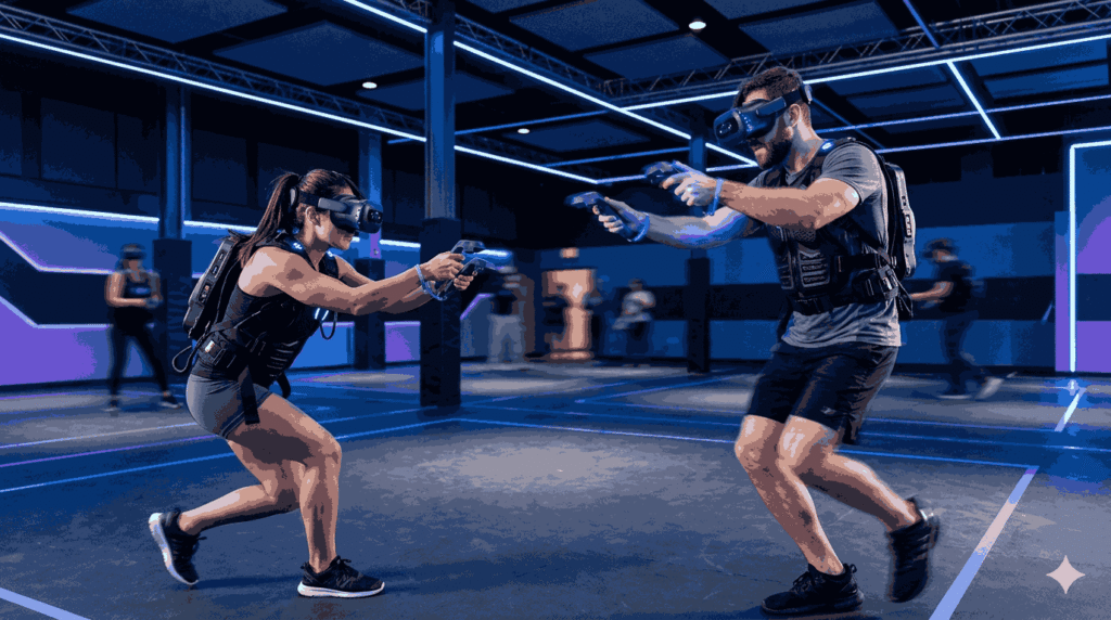 VR Arcade, Two players in a Sandbox VR free-roam arena wearing VR headsets and haptic vests engaged in a multiplayer game