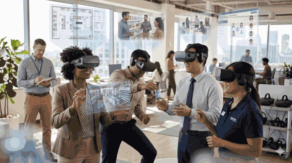Benefits of virtual reality ,Group of employees using VR headsets during corporate soft-skills training session
