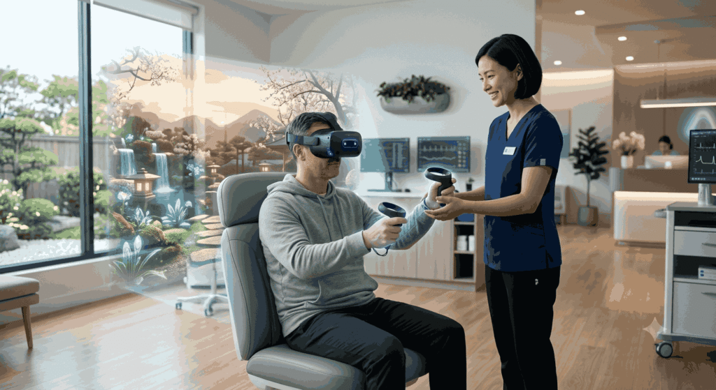 Virtual reality therapy session demonstrating mental health and healthcare applications