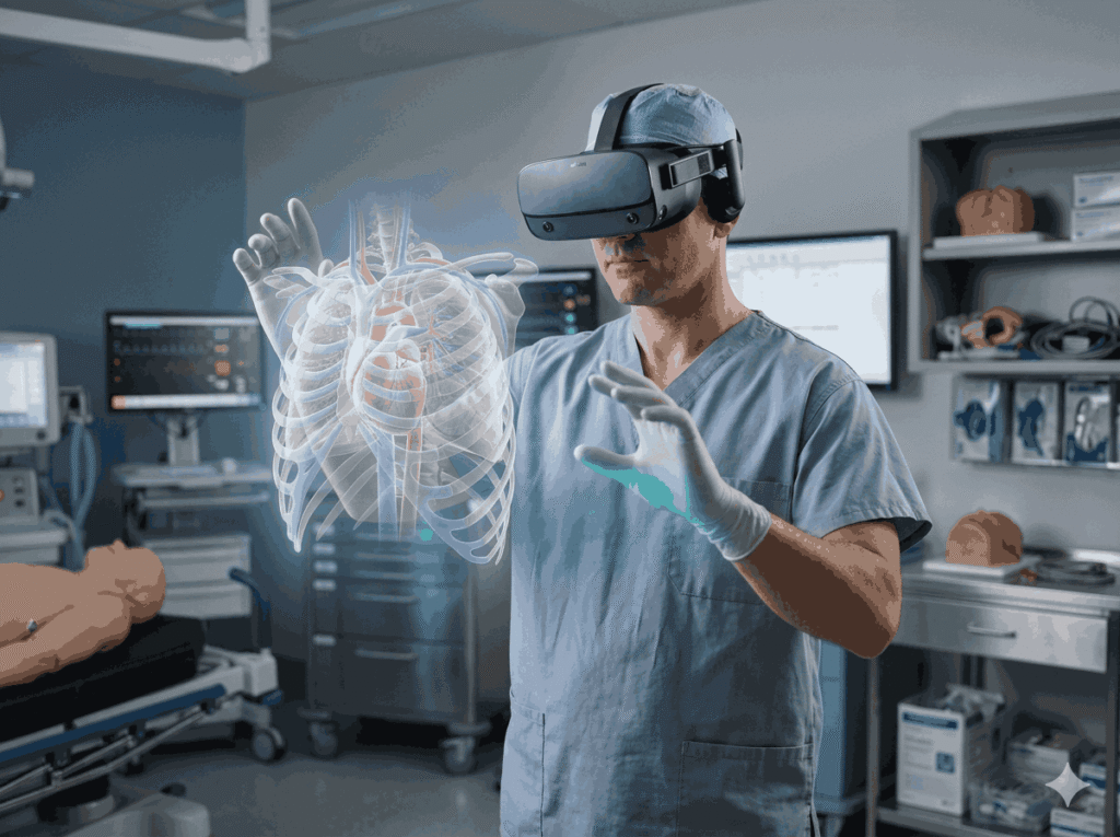 Surgeon rehearsing a procedure using patient-specific VR surgical simulation