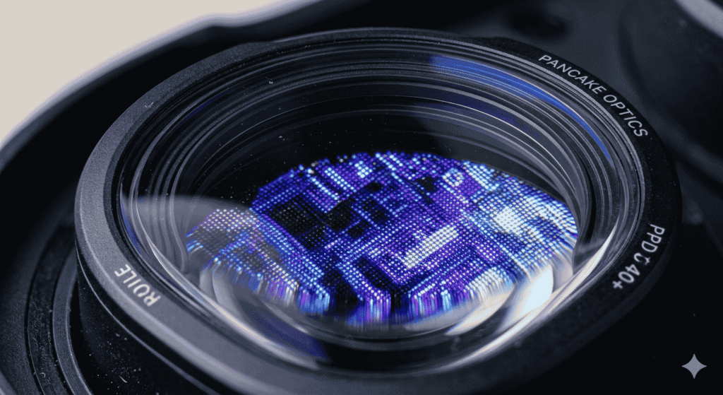 VR headset technology ,Macro close-up of a VR headset lens showing a vivid micro-OLED display panel with crystal-clear pixel detail in blue, purple, and white tones visible through the curved lens.
