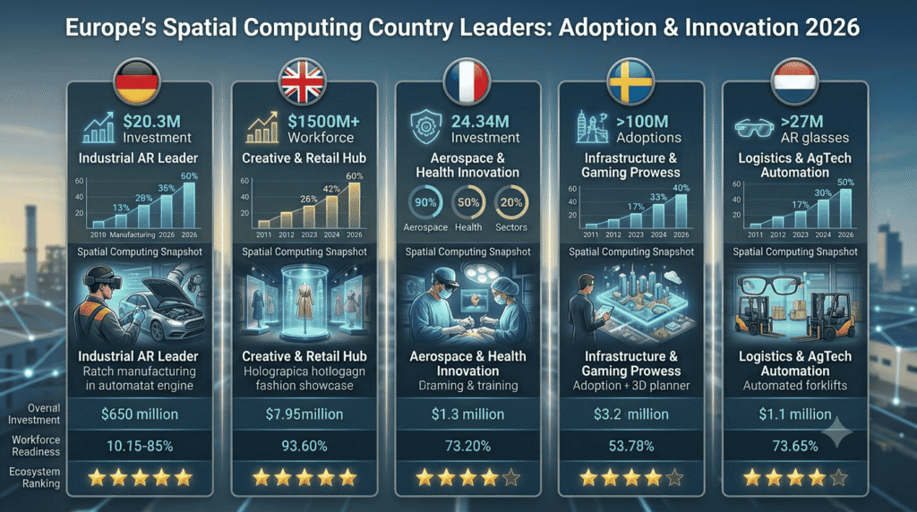 Infographic comparing spatial computing adoption across Germany, UK, France, Sweden and the Netherlands