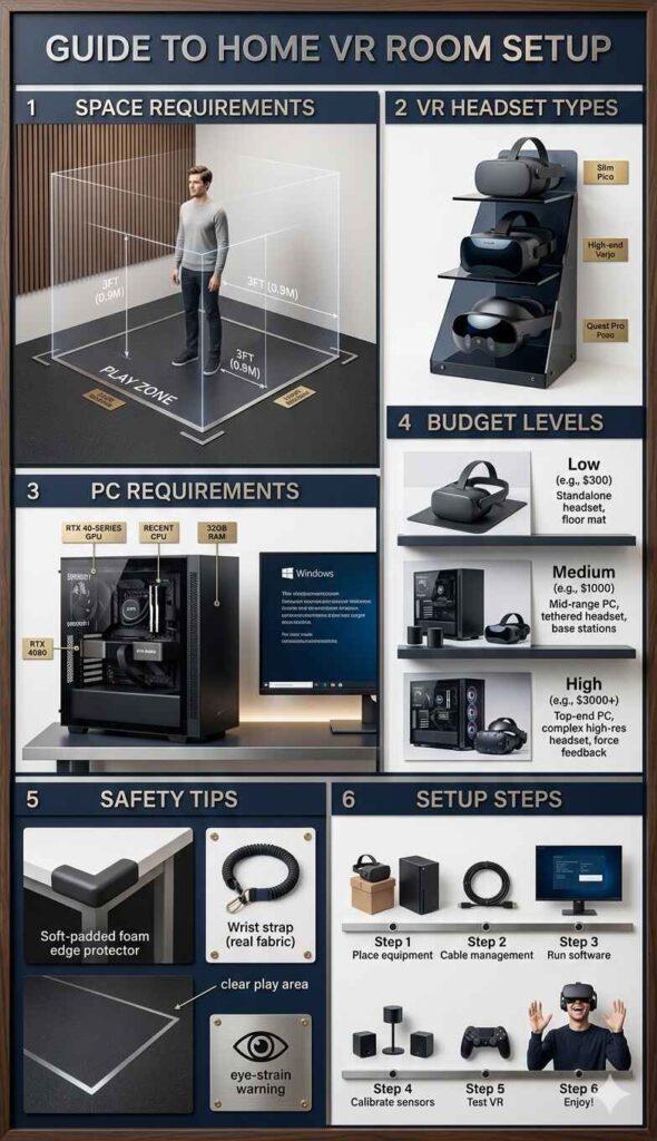 A professional, realistic six-panel infographic guide for a home VR setup. Features crisp photographic panels detailing space requirements with a 3D grid, hardware types on a display stand, a high-end PC setup, budget tiers, safety accessories, and a step-by-step installation guide.