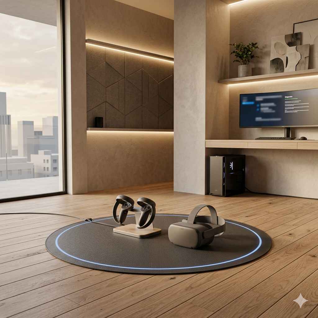A realistic photograph of a clean, minimalist home VR space with warm wood floors and concrete walls. A modern grey VR headset and controllers rest on a dark circular mat outlined by a soft blue LED ring, set against a tidy desk and a large city-view window