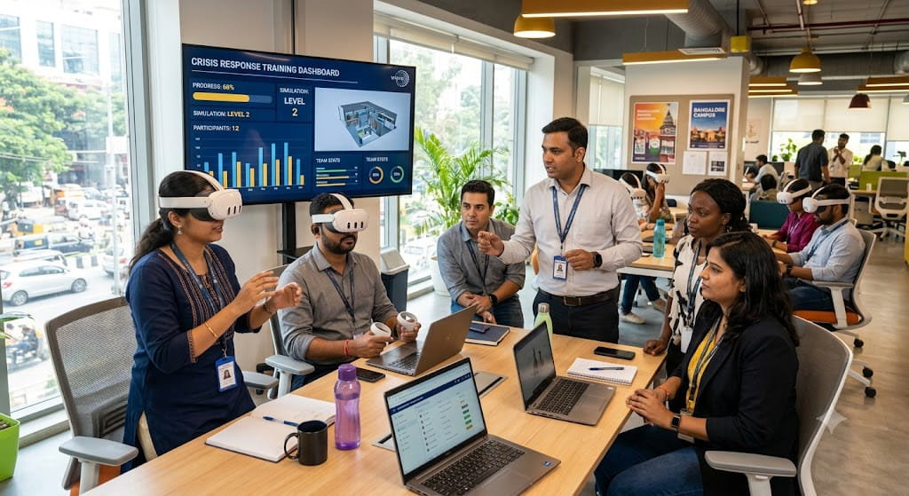 spatial computing market Asia , Corporate employees in India using VR headsets during an enterprise training session