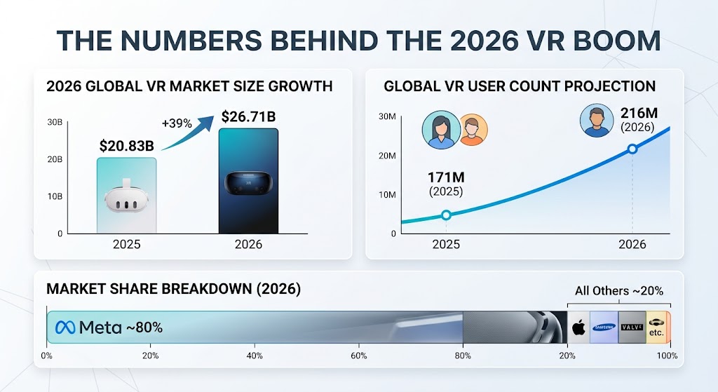 2026 VR market size and user growth statistics infographic