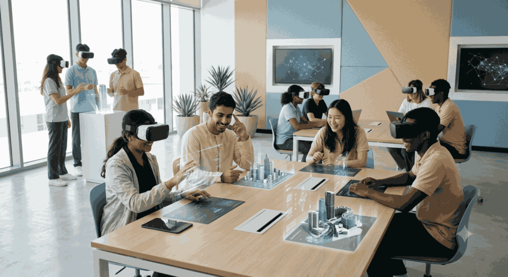 Spatial computing Dubai, Students in Dubai using VR headsets as part of government-backed AR/VR education and workforce training programs