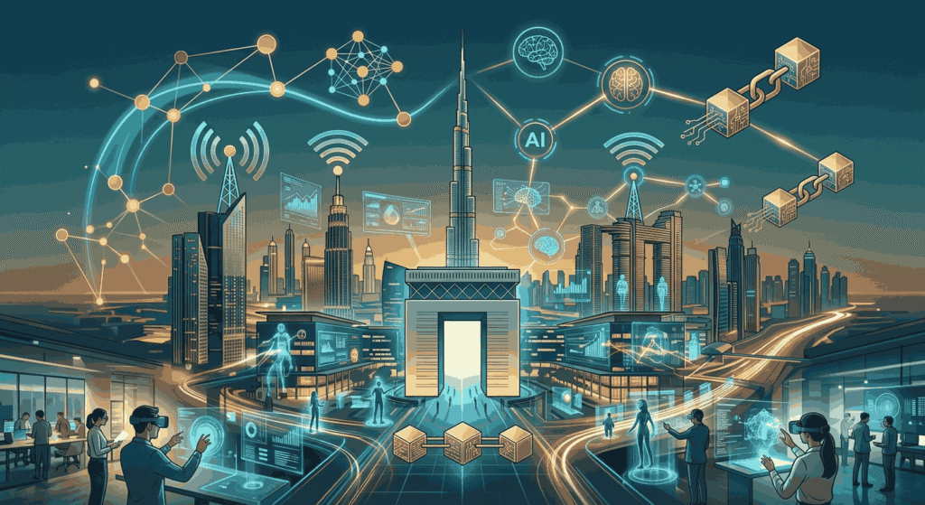 Digital illustration of Dubai skyline with metaverse technology overlay representing data, network, AI, and blockchain pillars
