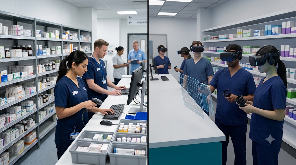Pharmacists using a virtual reality digital twin of an NHS pharmacy for immersive healthcare training.