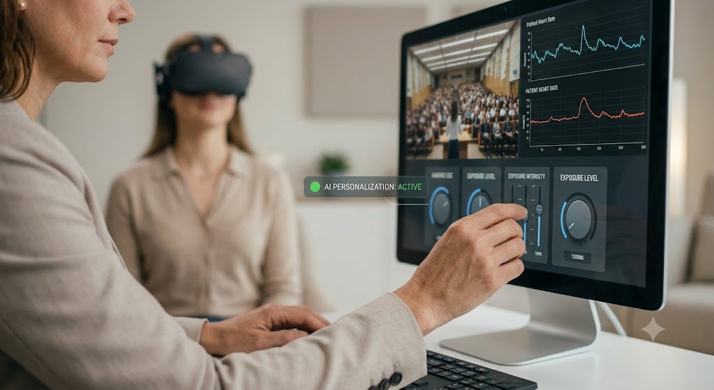 A close-up view focusing tightly on the hands of the psychologist from image_0.png. She is using a fine-grained slider interface labeled "EXPOSURE INTENSITY" on her desktop monitor. The screen displays a real-time graph titled "PATIENT HEART RATE." The patient, wearing a VR headset, is visible in the background but softly blurred, emphasizing the clinical precision of the technology.