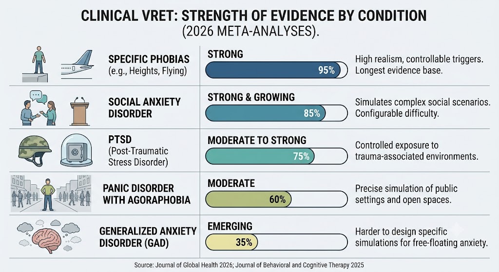 A professional, landscape infographic illustrating clinical VRET efficacy data from 2026 meta-analyses. A vertical bar chart shows five rows with icons. Top to bottom: Specific Phobias (Strong, 95%); Social Anxiety Disorder (Strong & Growing, 85%); PTSD (Moderate to Strong, 75%); Panic Disorder w/ Agoraphobia (Moderate, 60%); and GAD (Emerging, 35%). Each bar includes summary text and citations. The overall aesthetic uses modern blue and green tones