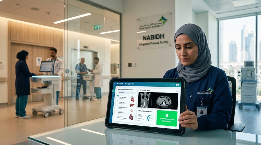 VR Healthcare Dubai UAE: Medical professional in a Dubai hospital using VR tools for clinical training and patient simulation in 2026