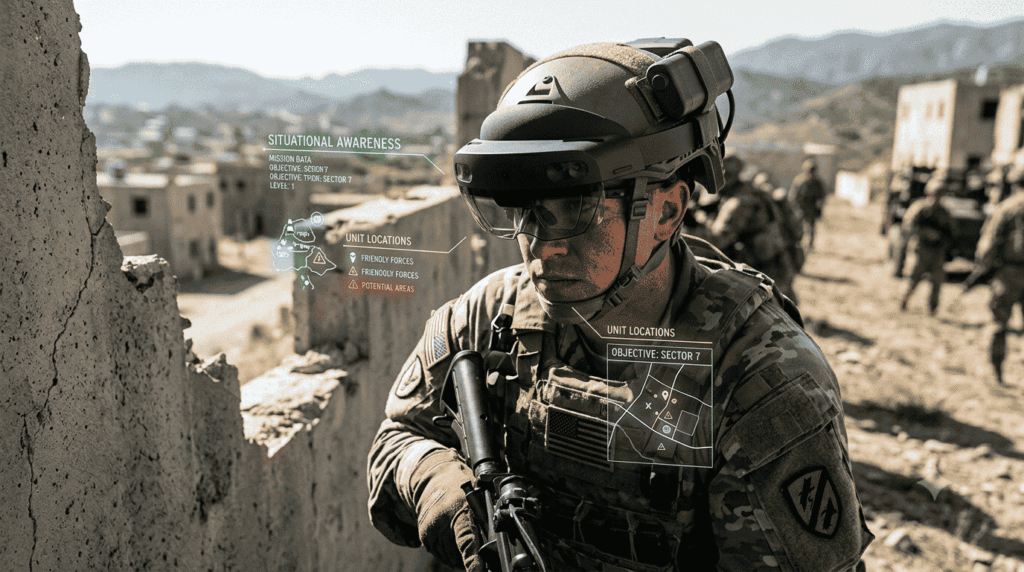 Soldier using Microsoft HoloLens-based AR headset for battlefield situational awareness