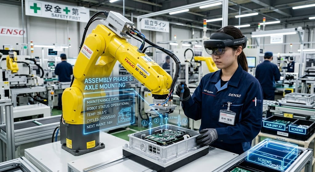 Factory worker using AR headset for assembly guidance alongside robotics on a Japanese manufacturing line