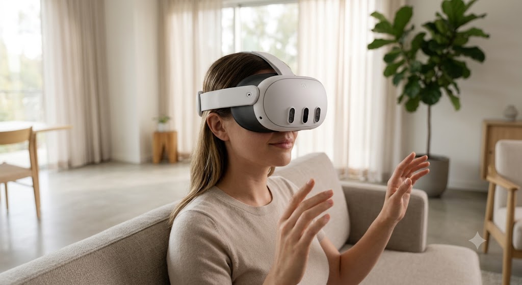 person wearing latest VR headset system in 2026