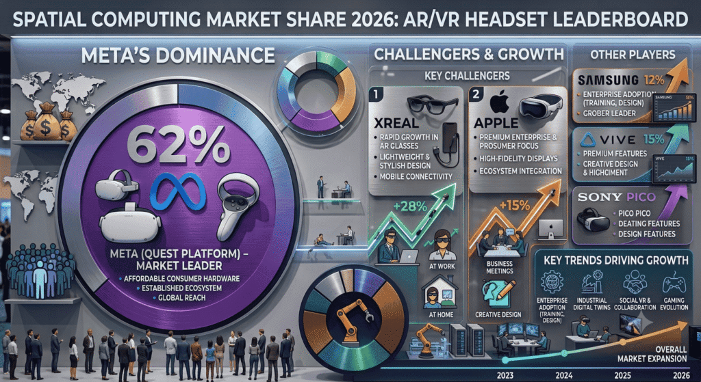 Infographic display showing the 2026 spatial computing market share leaderboard, highlighting Meta's 62% dominance with its Quest platform, alongside rapid enterprise and consumer growth from XREAL, Apple, Samsung, and HTC Vive.