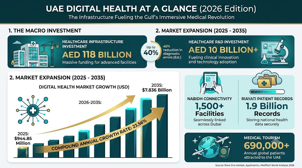 Infographic titled UAE Digital Health at a Glance, detailing the 7.8 billion dollar market growth by 2035, AED 118 billion infrastructure investment, and 1,500 facilities connected through NABIDH.