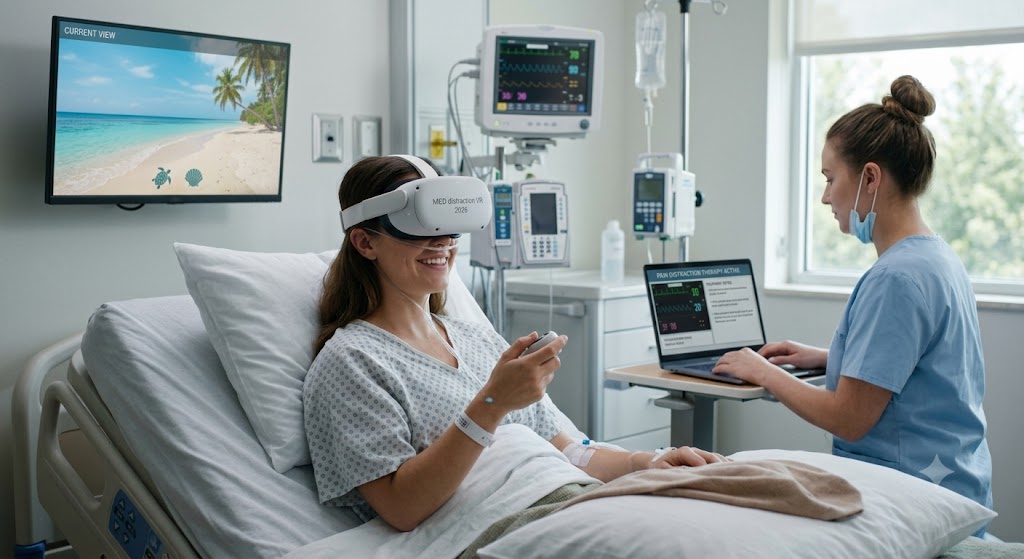 A hospitalized patient wearing a lightweight virtual reality headset smiles while undergoing pain distraction therapy in a hospital bed, visualizing a calming, interactive beach scene during a clinical procedure.