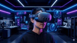 Person wearing a modern VR headset surrounded by glowing holographic interfaces in a dark cinematic setting, representing VR headset technology in 2026