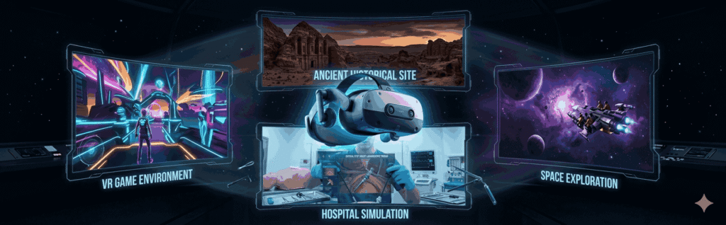Collage showing four VR experience types: gaming, travel, therapy, and enterprise training, as holographic windows surrounding a central VR headset in a dark space