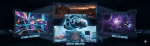 Collage showing four VR experience types: gaming, travel, therapy, and enterprise training, as holographic windows surrounding a central VR headset in a dark space