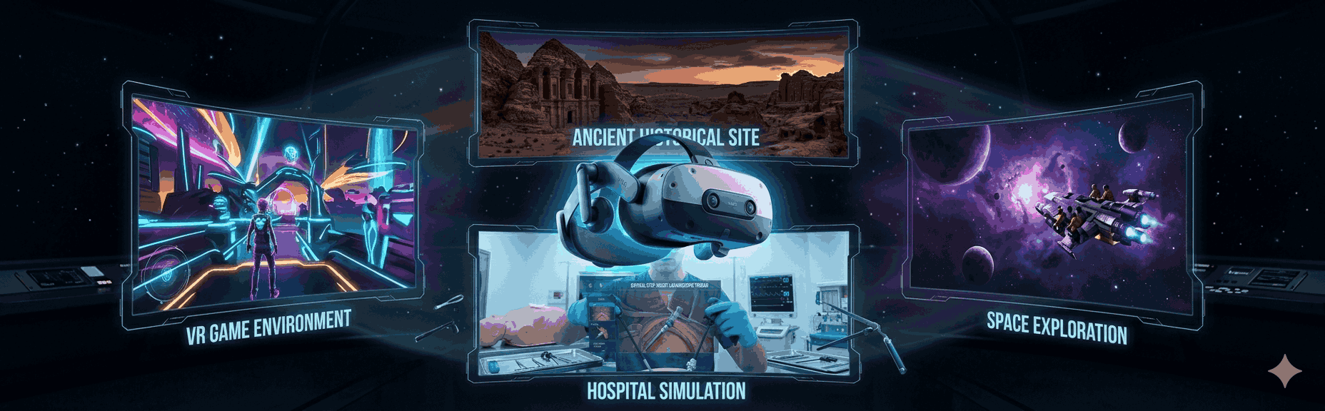Collage showing four VR experience types: gaming, travel, therapy, and enterprise training, as holographic windows surrounding a central VR headset in a dark space